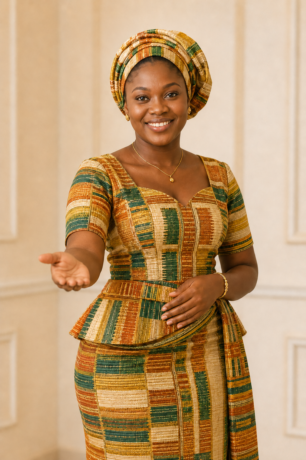 Ivorian woman wearing Kita cloth welcoming visitors